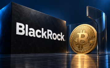 BlackRock-Logo neben einer goldenen Bitcoin-Münze und einer transparenten Schutzwand vor dunkelblauem Hintergrund.