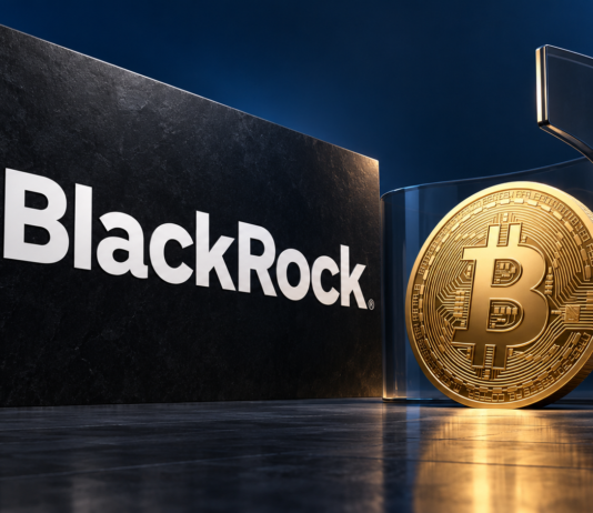 BlackRock-Logo neben einer goldenen Bitcoin-Münze und einer transparenten Schutzwand vor dunkelblauem Hintergrund.