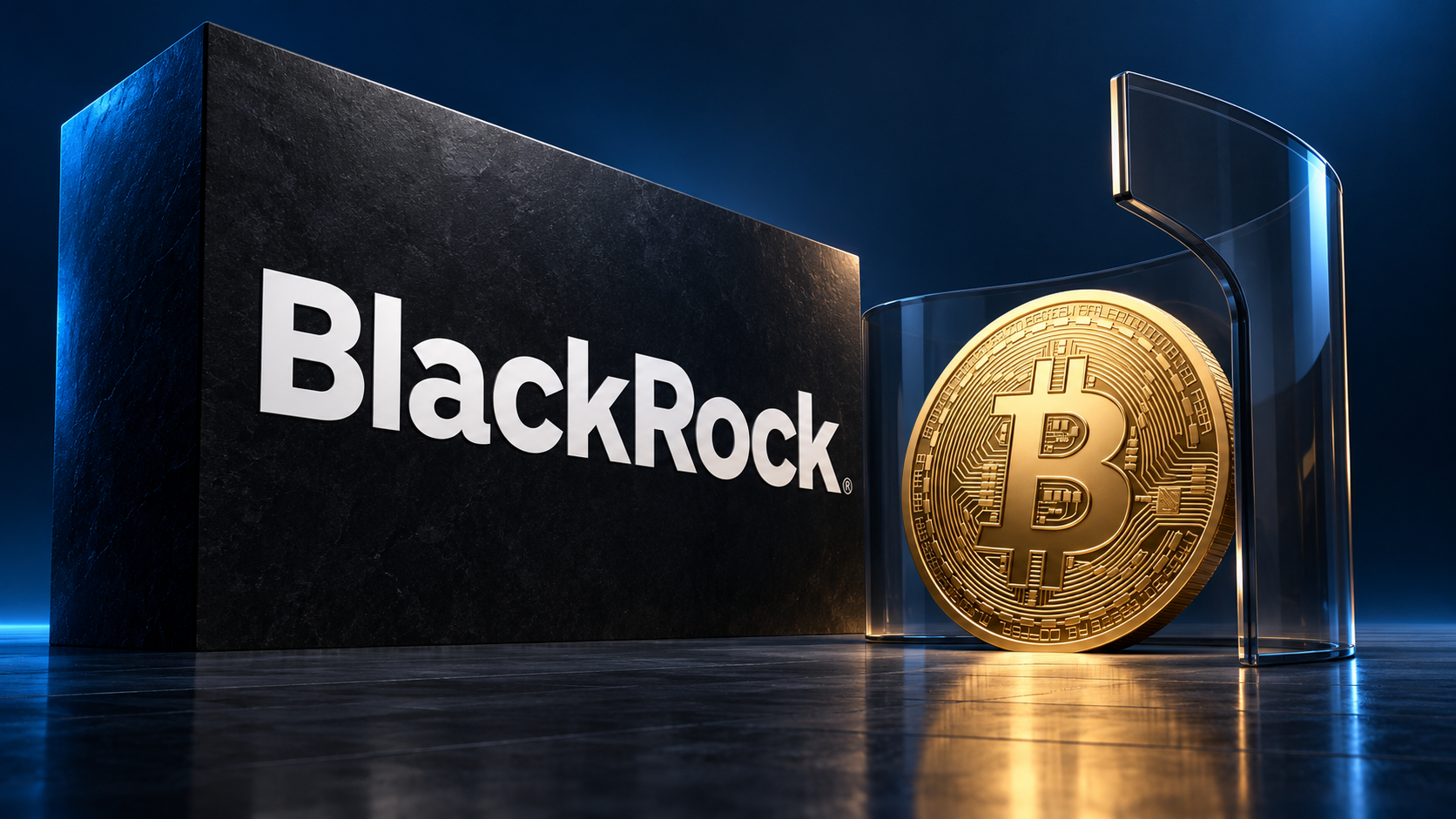 BlackRock-Logo neben einer goldenen Bitcoin-Münze und einer transparenten Schutzwand vor dunkelblauem Hintergrund.