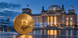 Goldene Bitcoin-Münze vor dem Reichstagsgebäude mit blauen Datenströmen als Symbol für den Austausch von Krypto-Steuerdaten.