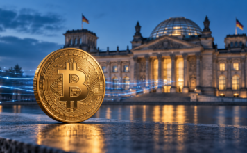 Goldene Bitcoin-Münze vor dem Reichstagsgebäude mit blauen Datenströmen als Symbol für den Austausch von Krypto-Steuerdaten.