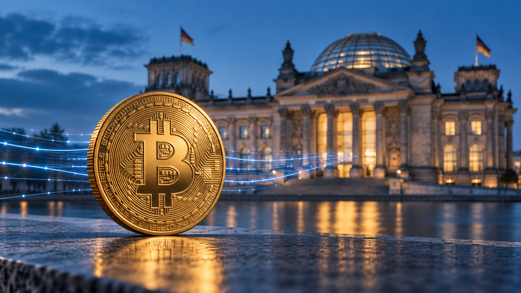 Goldene Bitcoin-Münze vor dem Reichstagsgebäude mit blauen Datenströmen als Symbol für den Austausch von Krypto-Steuerdaten.