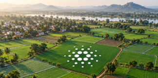 Landwirtschaftliche Felder in Indien mit Cardano-Logo und grafisch hervorgehobenen Parzellengrenzen.