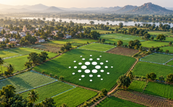 Landwirtschaftliche Felder in Indien mit Cardano-Logo und grafisch hervorgehobenen Parzellengrenzen.