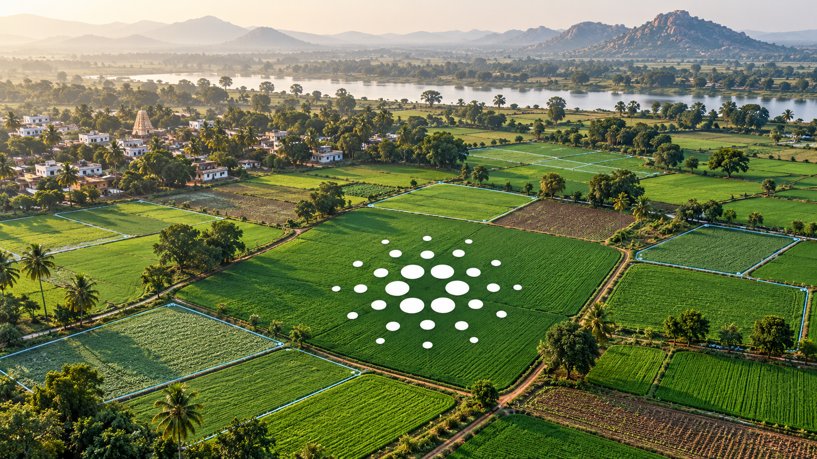 Landwirtschaftliche Felder in Indien mit Cardano-Logo und grafisch hervorgehobenen Parzellengrenzen.