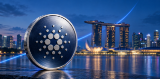 Symbolische Cardano-Münze vor dem Marina Bay Sands in Singapur mit einer aufwärts gerichteten blauen Lichtlinie.