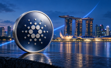 Symbolische Cardano-Münze vor dem Marina Bay Sands in Singapur mit einer aufwärts gerichteten blauen Lichtlinie.