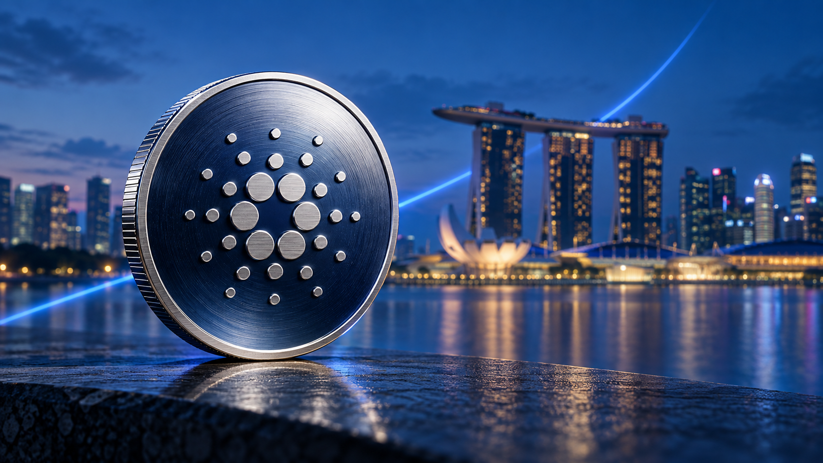 Symbolische Cardano-Münze vor dem Marina Bay Sands in Singapur mit einer aufwärts gerichteten blauen Lichtlinie.