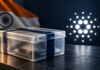 Versiegelte Beweisbox neben dem Cardano-Symbol, mit indischer Flagge im Hintergrund.