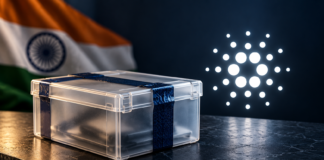 Versiegelte Beweisbox neben dem Cardano-Symbol, mit indischer Flagge im Hintergrund.