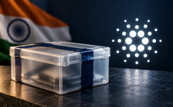 Versiegelte Beweisbox neben dem Cardano-Symbol, mit indischer Flagge im Hintergrund.