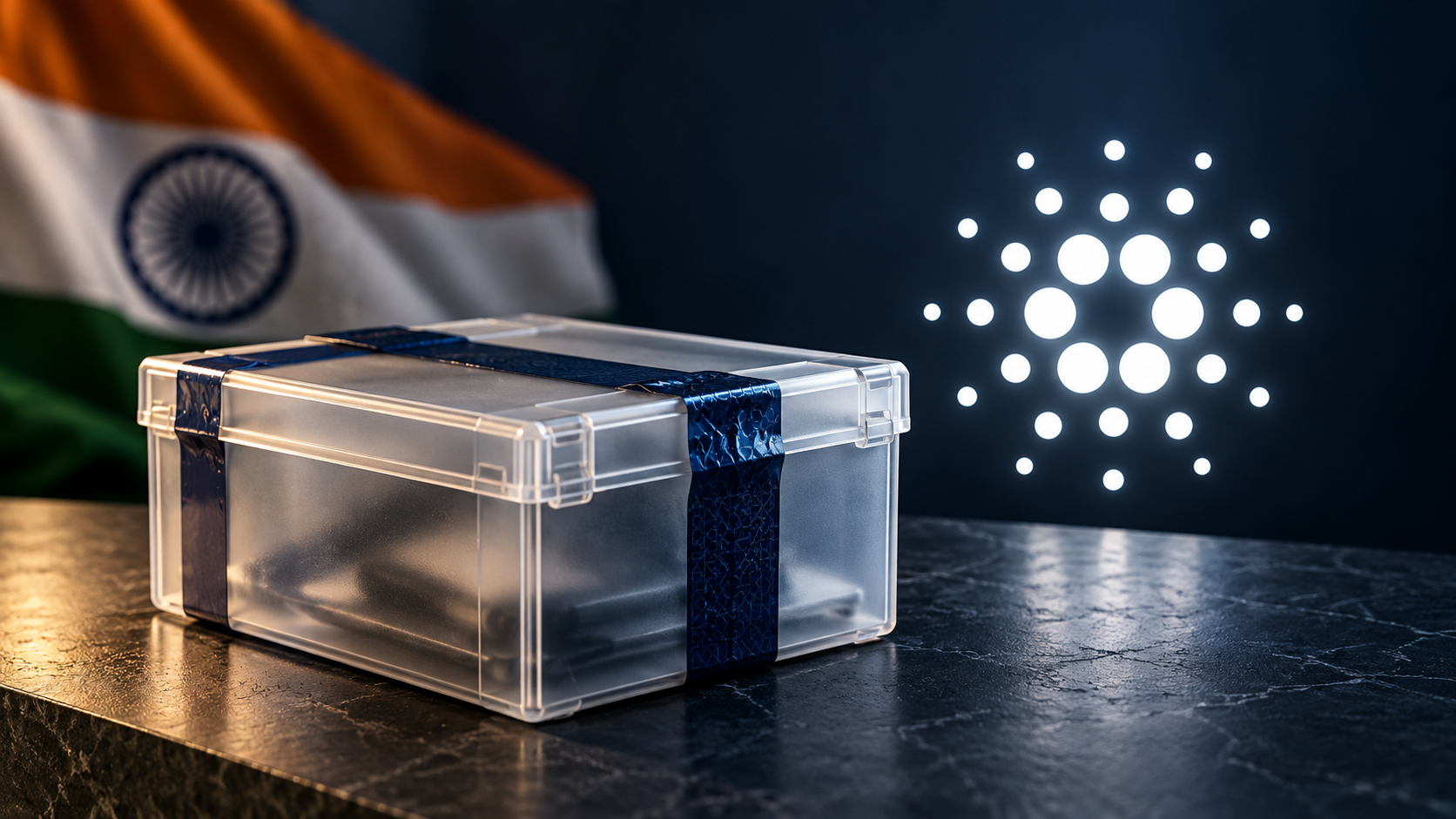 Versiegelte Beweisbox neben dem Cardano-Symbol, mit indischer Flagge im Hintergrund.