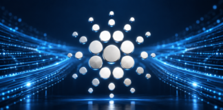 Stilisiertes silbernes Cardano-Logo vor blau leuchtenden Datenbahnen.