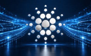 Stilisiertes silbernes Cardano-Logo vor blau leuchtenden Datenbahnen.