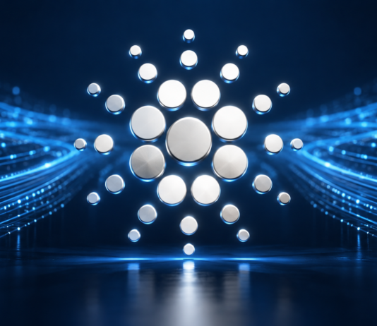 Stilisiertes silbernes Cardano-Logo vor blau leuchtenden Datenbahnen.