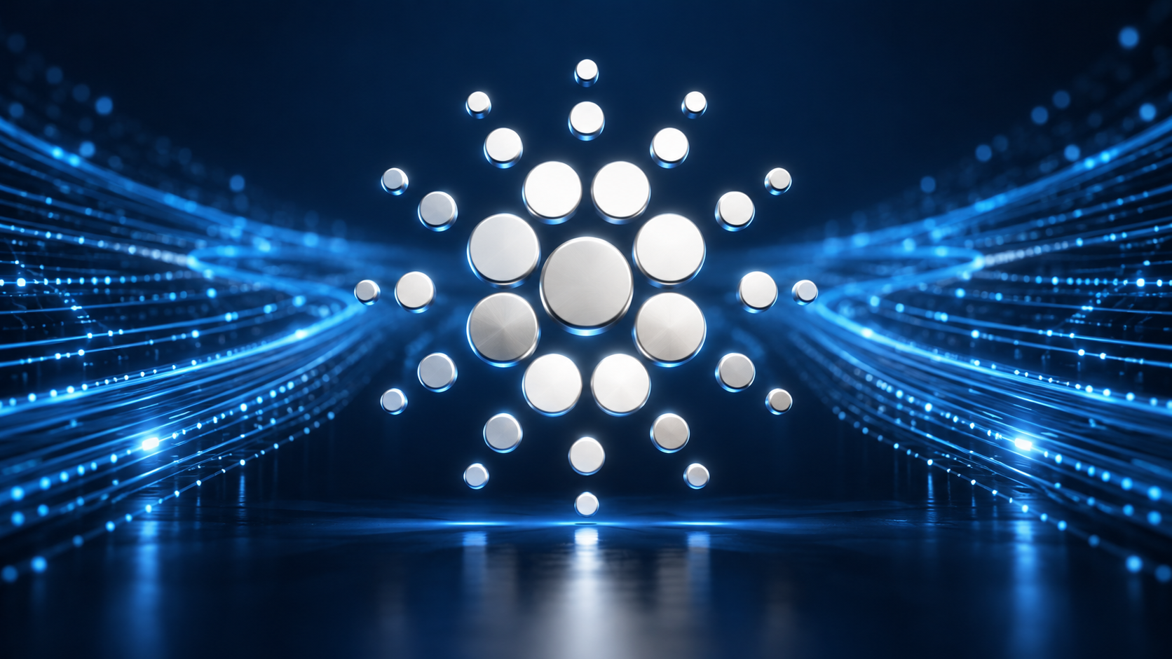 Stilisiertes silbernes Cardano-Logo vor blau leuchtenden Datenbahnen.