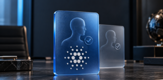 Blaue Identitätskarte mit Cardano-Symbol und Verifizierungshäkchen vor einer zweiten transparenten Karte.