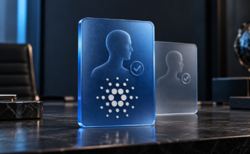 Blaue Identitätskarte mit Cardano-Symbol und Verifizierungshäkchen vor einer zweiten transparenten Karte.