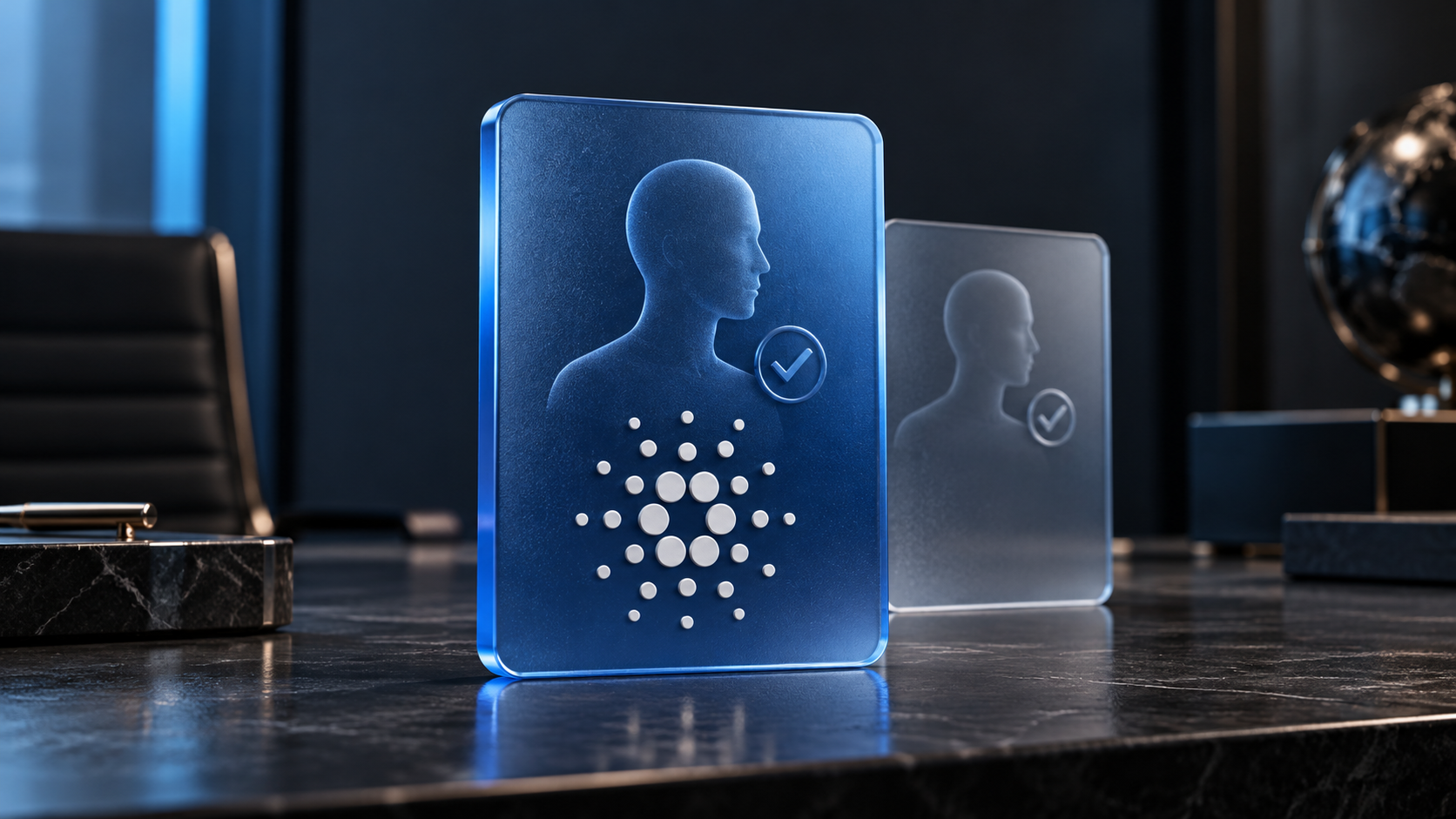 Blaue Identitätskarte mit Cardano-Symbol und Verifizierungshäkchen vor einer zweiten transparenten Karte.