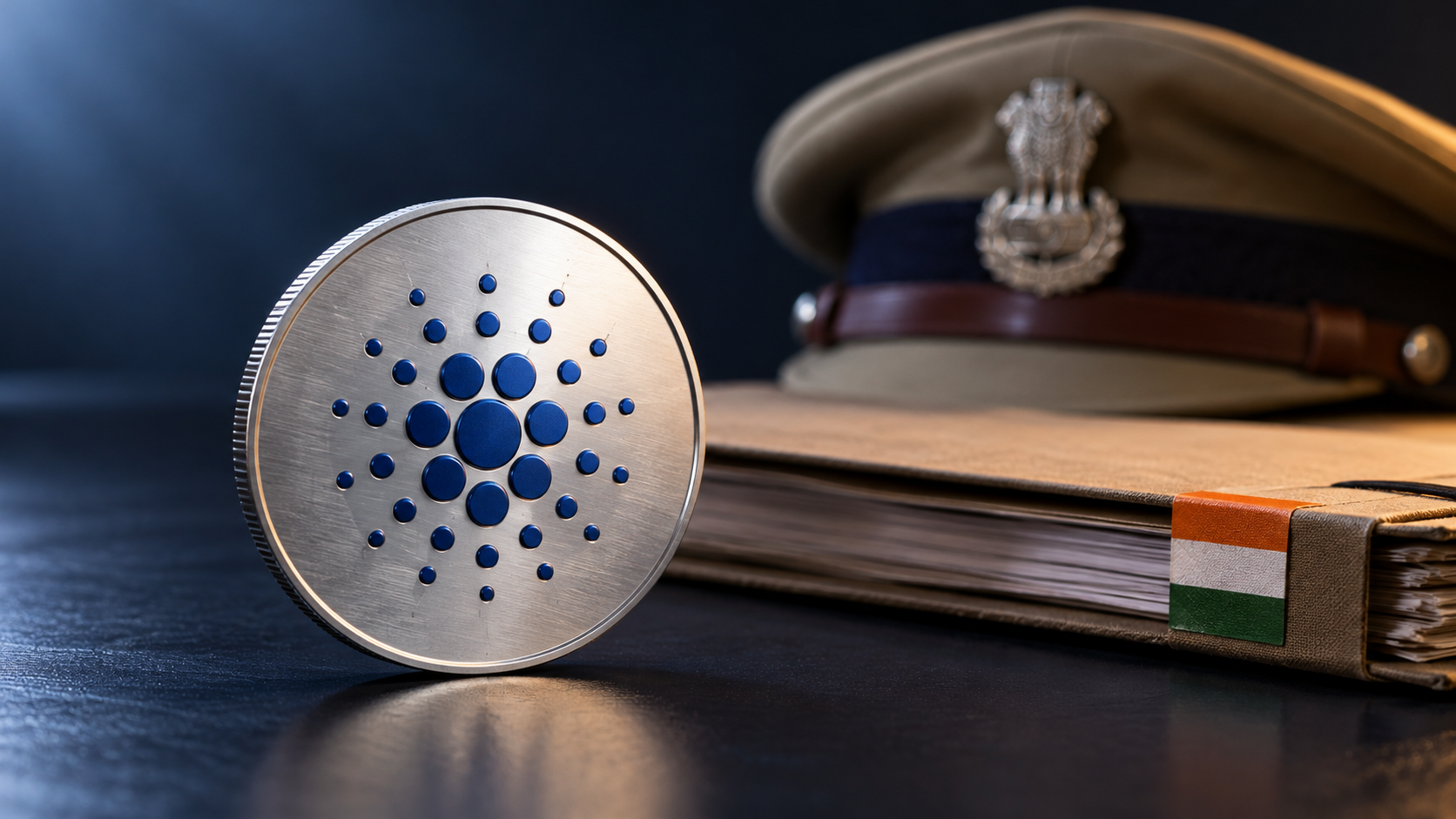 Silberne Medaille mit Cardano-Logo vor einer Aktenmappe mit indischen Nationalfarben und einer Polizeimütze.