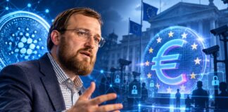 harles Hoskinson vor einem digitalen Euro-Symbol und Cardano-Logo, umgeben von EU-Flaggen, Überwachungskameras und digitalen Identitäts-Symbolen als Illustration für staatliche Kontrolle und Missbrauch digitaler Zentralbankwährungen.