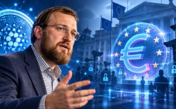 harles Hoskinson vor einem digitalen Euro-Symbol und Cardano-Logo, umgeben von EU-Flaggen, Überwachungskameras und digitalen Identitäts-Symbolen als Illustration für staatliche Kontrolle und Missbrauch digitaler Zentralbankwährungen.