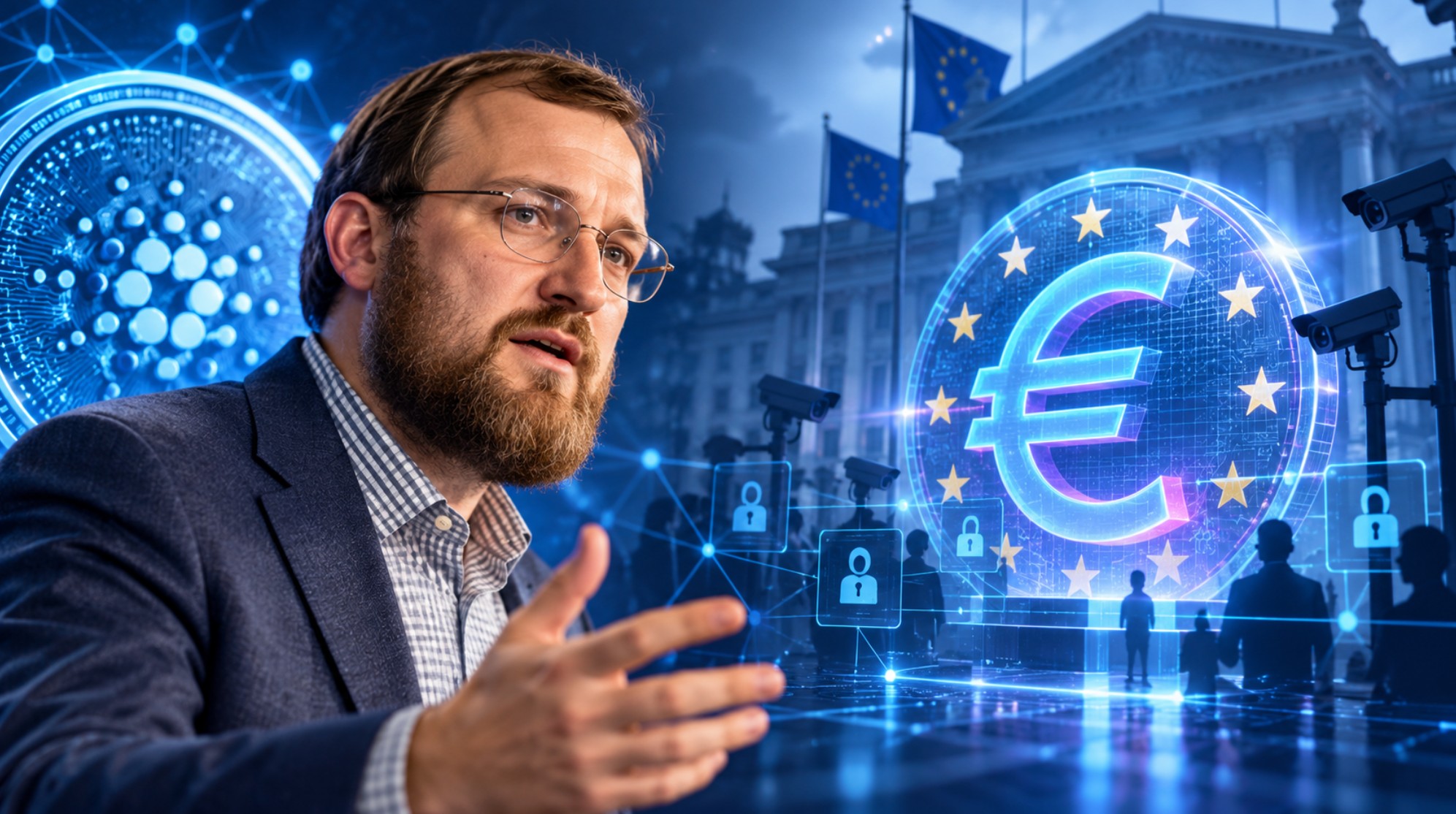 harles Hoskinson vor einem digitalen Euro-Symbol und Cardano-Logo, umgeben von EU-Flaggen, Überwachungskameras und digitalen Identitäts-Symbolen als Illustration für staatliche Kontrolle und Missbrauch digitaler Zentralbankwährungen.