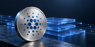 Metallisches Cardano-Symbol vor transparenten blauen Ebenen und leuchtenden Datenverbindungen.