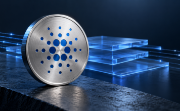 Metallisches Cardano-Symbol vor transparenten blauen Ebenen und leuchtenden Datenverbindungen.