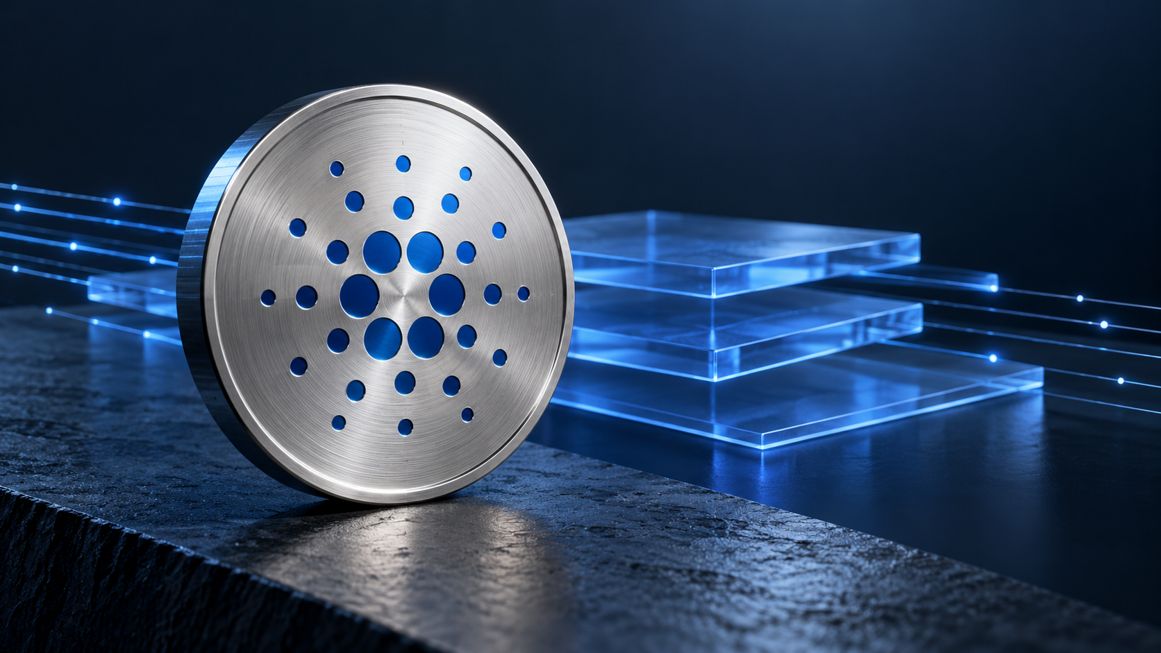 Metallisches Cardano-Symbol vor transparenten blauen Ebenen und leuchtenden Datenverbindungen.