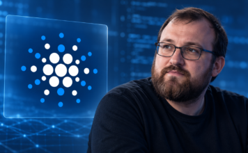 KI-Illustration von Charles Hoskinson neben dem Cardano-Logo vor einem blauen Hintergrund mit angedeutetem Programmcode.