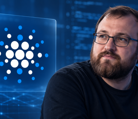 KI-Illustration von Charles Hoskinson neben dem Cardano-Logo vor einem blauen Hintergrund mit angedeutetem Programmcode.