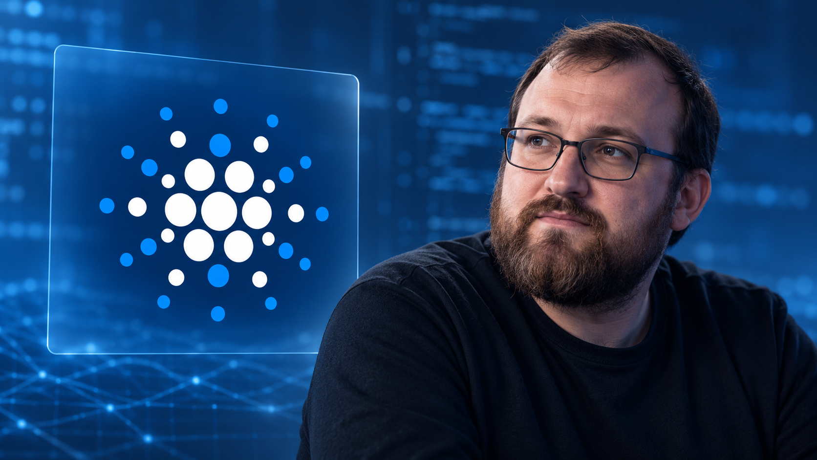 KI-Illustration von Charles Hoskinson neben dem Cardano-Logo vor einem blauen Hintergrund mit angedeutetem Programmcode.