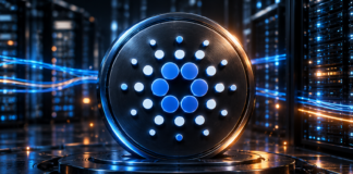 Cardano vor Skalierungsschub: Leios geht in die heiße Testphase Großes Cardano-Logo vor Serveranlagen mit blauen Datenströmen und orangefarbener Beleuchtung.