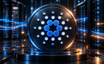 Cardano vor Skalierungsschub: Leios geht in die heiße Testphase Großes Cardano-Logo vor Serveranlagen mit blauen Datenströmen und orangefarbener Beleuchtung.
