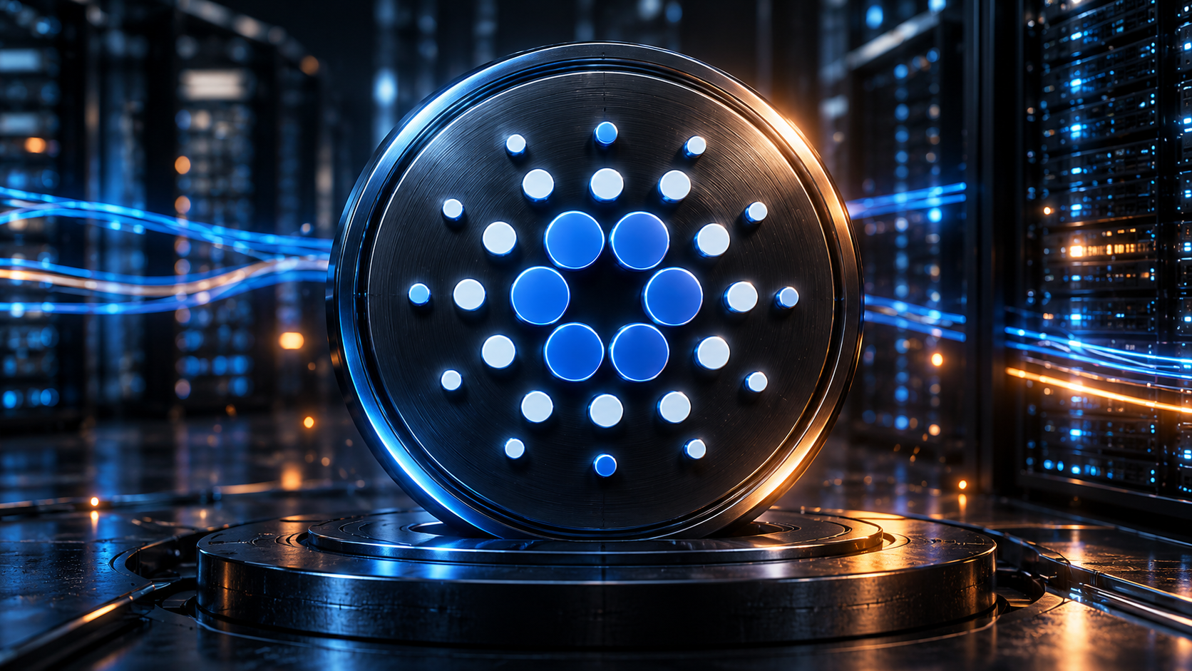 Großes Cardano-Logo vor Serveranlagen mit blauen Datenströmen und orangefarbener Beleuchtung.