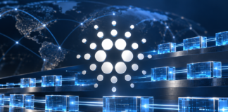 Silbernes Cardano-Logo vor blauen, auf mehreren Ebenen angeordneten Blockchain-Blöcken.