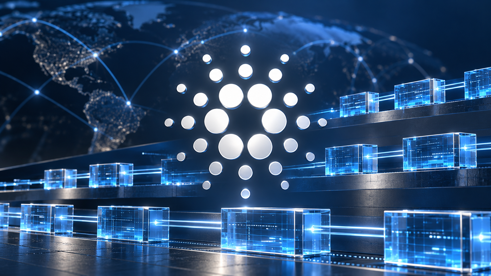 Silbernes Cardano-Logo vor blauen, auf mehreren Ebenen angeordneten Blockchain-Blöcken.