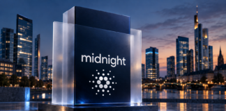 Cardano Midnight-Schriftzug auf einem dunkelblauen Monolithen mit transparenten Glasschichten vor einer Finanzmetropole.