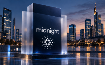 Cardano Midnight-Schriftzug auf einem dunkelblauen Monolithen mit transparenten Glasschichten vor einer Finanzmetropole.