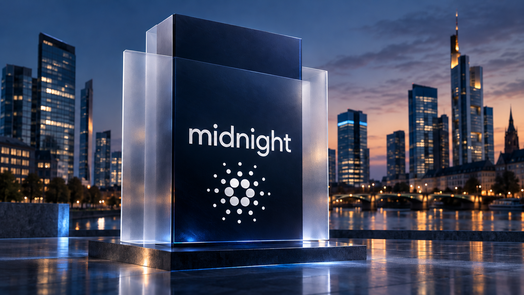 Cardano Midnight-Schriftzug auf einem dunkelblauen Monolithen mit transparenten Glasschichten vor einer Finanzmetropole.