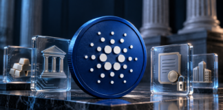 Blaues Cardano-Symbol neben gläsernen Darstellungen von Finanzanlagen und einem Schloss.