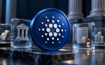 Blaues Cardano-Symbol neben gläsernen Darstellungen von Finanzanlagen und einem Schloss.