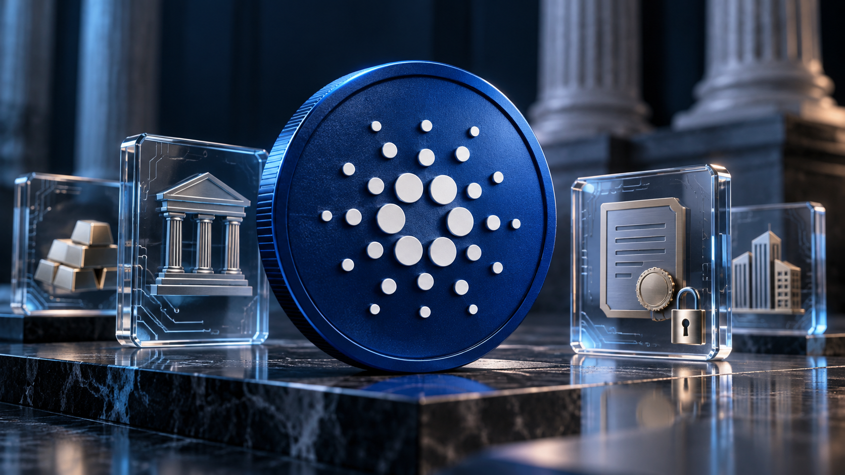 Blaues Cardano-Symbol neben gläsernen Darstellungen von Finanzanlagen und einem Schloss.