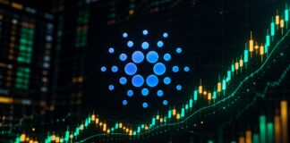 Cardano-Logo vor steigendem Kurschart als Symbol für mögliches Wachstum von ADA und dem Cardano-Ökosystem