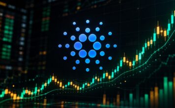 Cardano-Logo vor steigendem Kurschart als Symbol für mögliches Wachstum von ADA und dem Cardano-Ökosystem