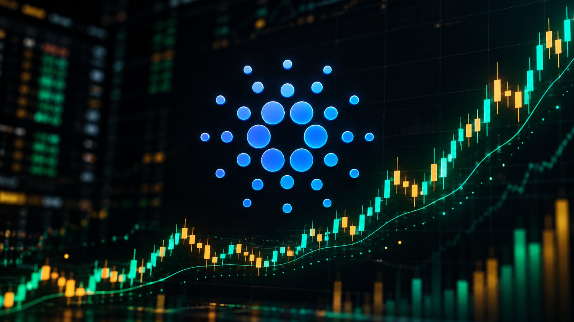 Cardano-Logo vor steigendem Kurschart als Symbol für mögliches Wachstum von ADA und dem Cardano-Ökosystem