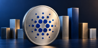 Silberne Münze mit blauem Cardano-Symbol vor sieben abstrakten Budgetblöcken.