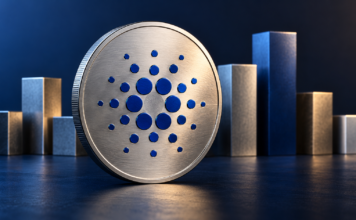 Silberne Münze mit blauem Cardano-Symbol vor sieben abstrakten Budgetblöcken.
