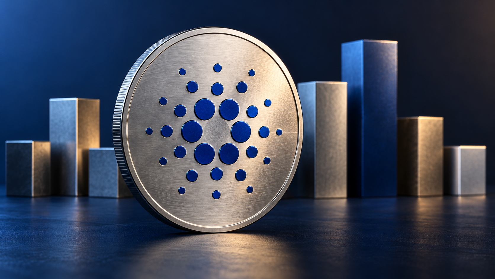 Silberne Münze mit blauem Cardano-Symbol vor sieben abstrakten Budgetblöcken.
